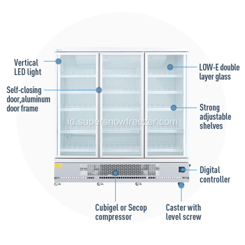 Komersial vertikal tiga pintu kaca tegak display freezer